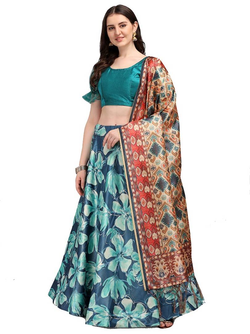 Elegant Blue Woven Design Satin Semi-Stitched Lehenga Choli with Dupatta For Women
